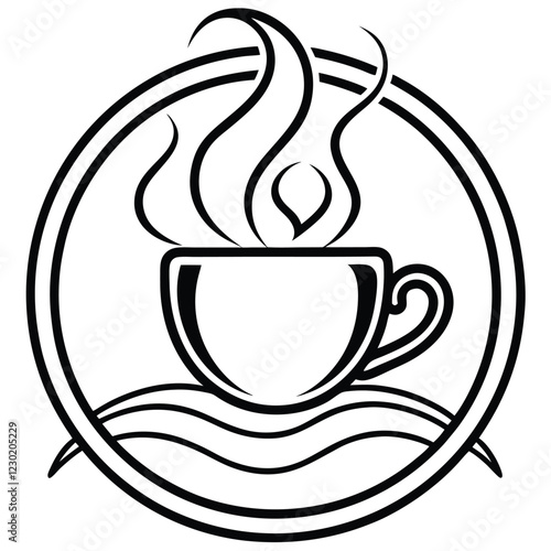 A minimalist coffee shop logo in vector line art, featuring a steaming coffee cup with elegant typography to convey warmth and sophistication.