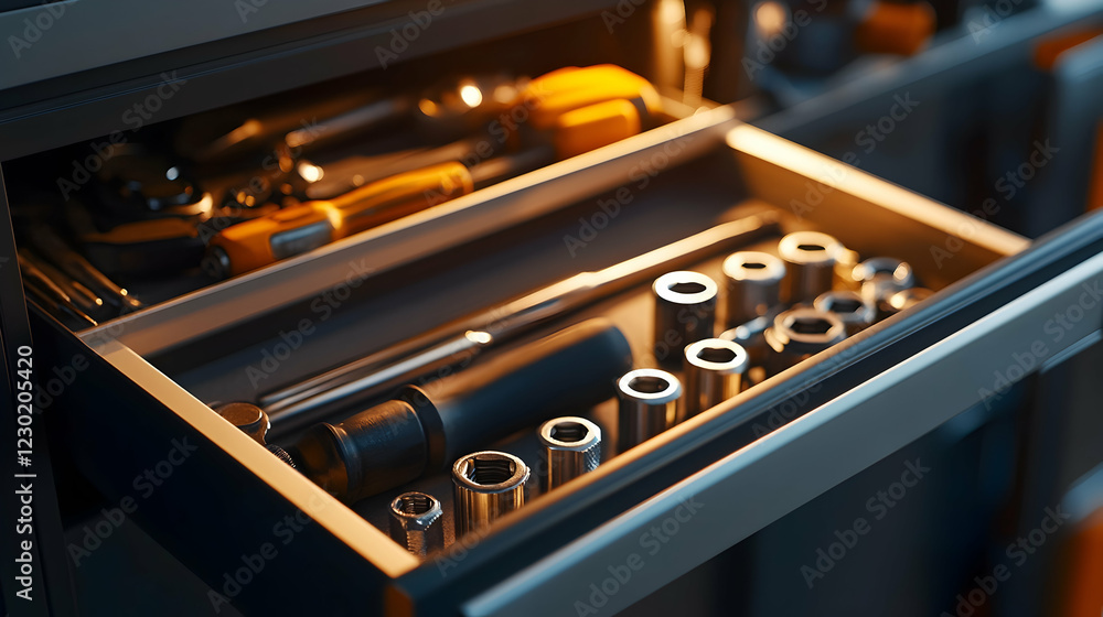 Close-up of a tool chest drawer pulled open to reveal an organized assortment of industrial tools under soft lighting Close-up of a tool chest drawer pulled open to reveal an organized assortment of industrial tools under soft lighting