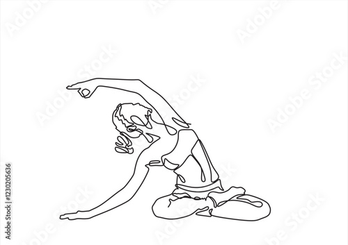 Continuous line drawing of a woman in a yoga pose, representing relaxation and fitness. Vector art focused on health and meditation, isolated on a white background.	