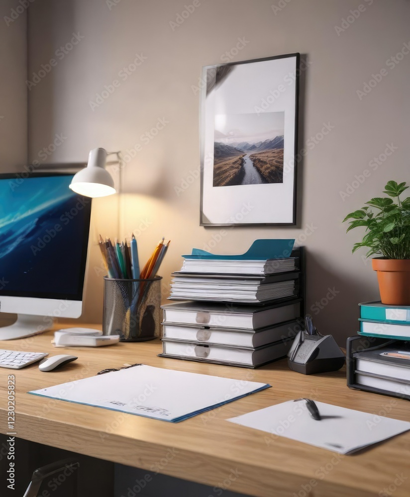 Fototapeta premium Minimalist desk with neatly arranged files and folders, clutter free, minimalism