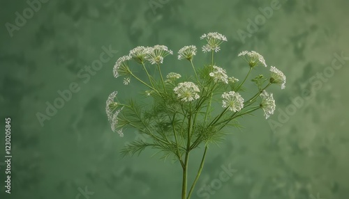 Minimalistic composition of a white dill peduncle on green background, minimalistic, green, fresh