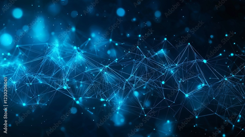 Cybersecurity technology and digital data protection abstractly depicted. Shield an internet network connection with polygons, dots, and lines, set against a dark blue background with central focus Cybersecurity technology and digital data protection abstractly depicted. Shield an internet network connection with polygons, dots, and lines, set against a dark blue background with central focus