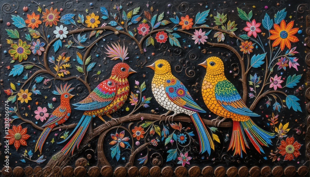 Fototapeta premium Brightly colored traditional Gond folk art from India of vibrant birds perched on branches surrounded by lush foliage, with a textured, earthy background