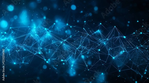 Cybersecurity technology and digital data protection abstractly depicted. Shield an internet network connection with polygons, dots, and lines, set against a dark blue background with central focus