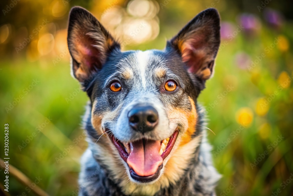Happy Australian Cattle Dog Closeup, Smiling Puppy Portrait, Joyful Heeler Dog Face Happy Australian Cattle Dog Closeup, Smiling Puppy Portrait, Joyful Heeler Dog Face