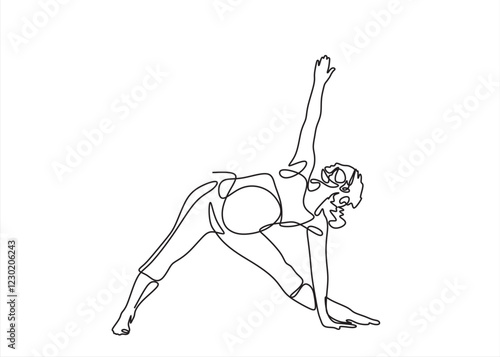 One continuous single drawing line art flat doodle woman, yoga, exercise, pregnant, sport, virabhadrasana, asana. Isolated image hand draw contour on a white background, hand drawn
