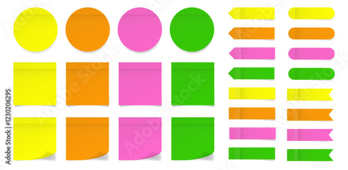 Set of square and round paper stickers. Stick in notes. Green, yellow, pink and orange colors. Multicolor post it notes. Sheets of paper. Tag, sticky note. Pointed bookmarks
