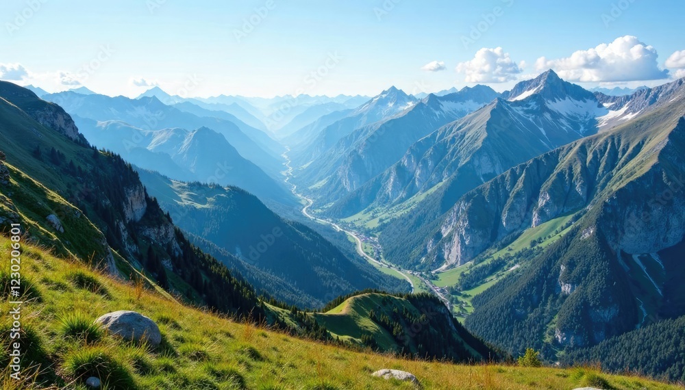 Mountain peaks and valleys create a breathtaking vista, majestic, nature, scenery Mountain peaks and valleys create a breathtaking vista, majestic, nature, scenery
