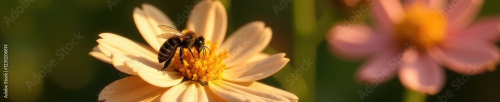 A single bee collecting nectar from a flower near the hive entrance, detail, pollen, sunlight