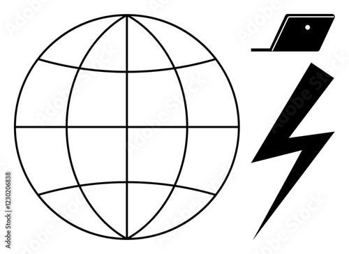 Globe with latitude and longitude lines, stylized laptop, and bold lightning bolt. Ideal for technology, internet, global communication, innovation, power modern business IT. Abstract line flat