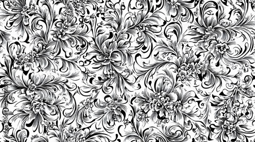 Elegant Floral Seamless Pattern Featuring Intricate Black And White Designs, Artistic Expressions of Nature's Beauty in Decorative Context