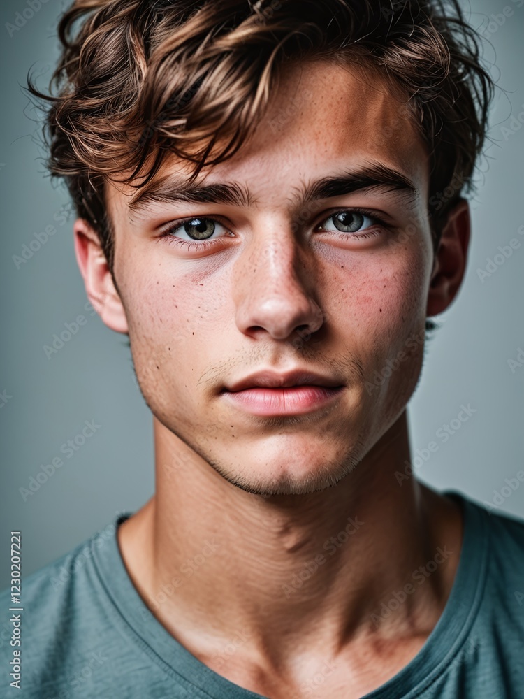 A close-up portrait of a young man with curly hair and blue eyes and looking directly at the viewer A close-up portrait of a young man with curly hair and blue eyes and looking directly at the viewer