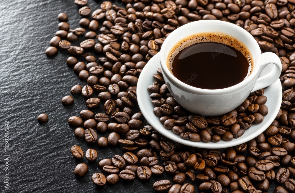 A Cup of coffee and coffee beans on a black background A Cup of coffee and coffee beans on a black background
