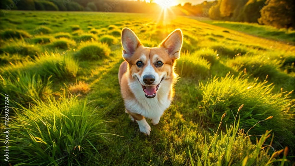 Happy Corgi Dog Running on Summer Grass - Drone Aerial View Happy Corgi Dog Running on Summer Grass - Drone Aerial View