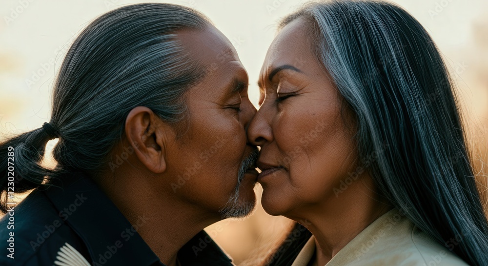 Naklejka premium Tender moment between mature native american couple embracing romantic connection
