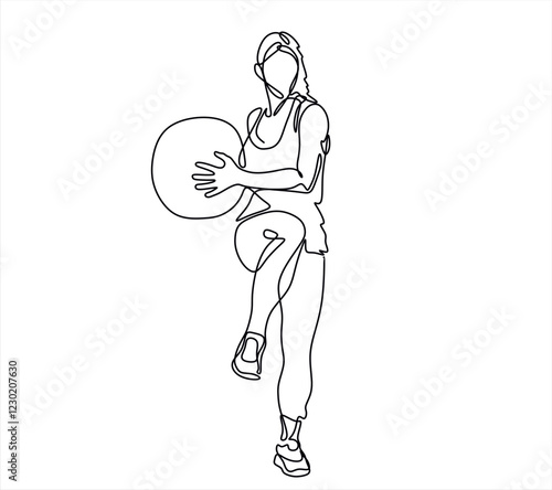 Woman working out using fitness ball continuous one line drawing. Young lady exercises pilates using gym ball in single line art illustration.