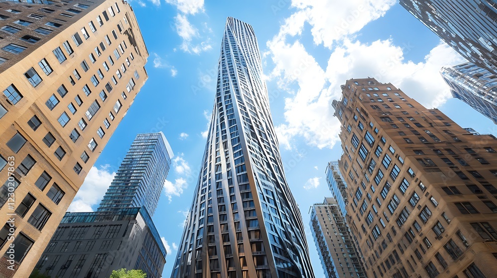 Fototapeta premium Tall twisted building under blue sky, city architecture use