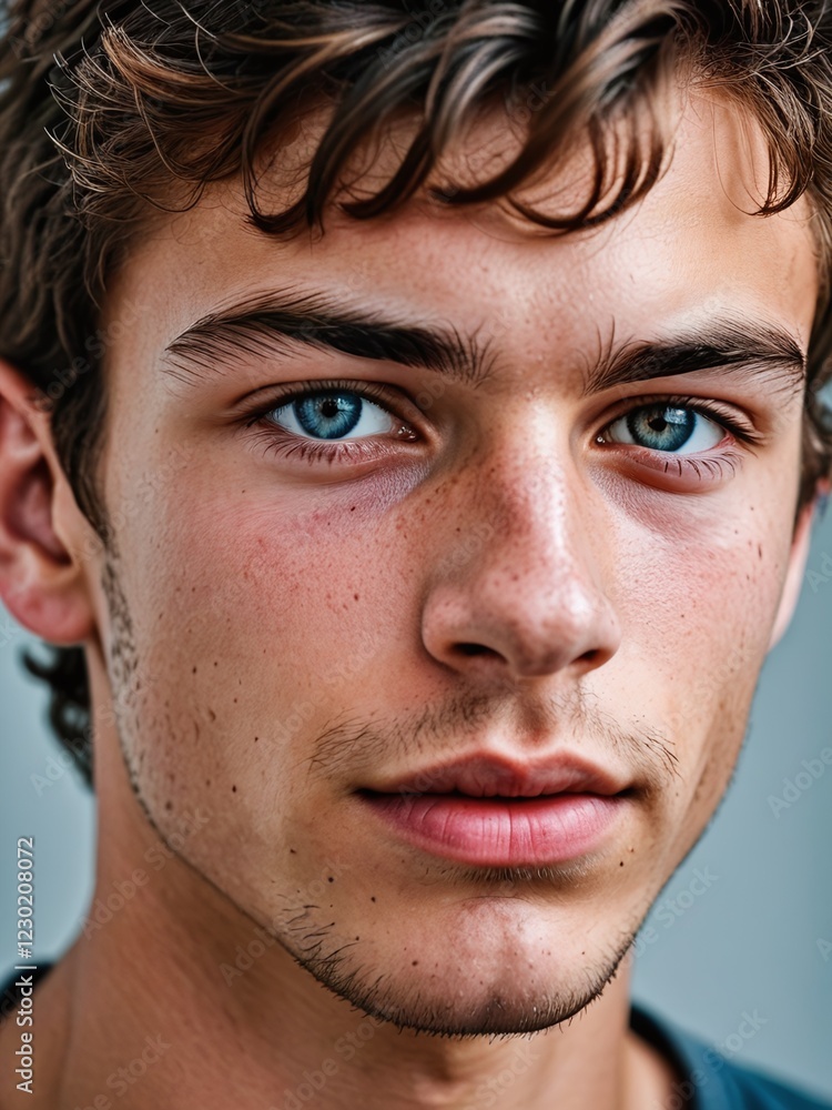 Obraz premium A close-up portrait of a young man with curly hair and blue eyes and looking directly at the viewer