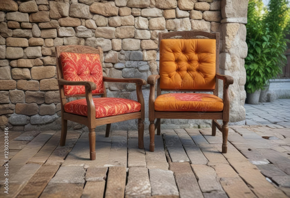 Old wooden armchair placed on a worn stone porch floor, rustic decor, relaxing space, serene atmosphere Old wooden armchair placed on a worn stone porch floor, rustic decor, relaxing space, serene atmosphere