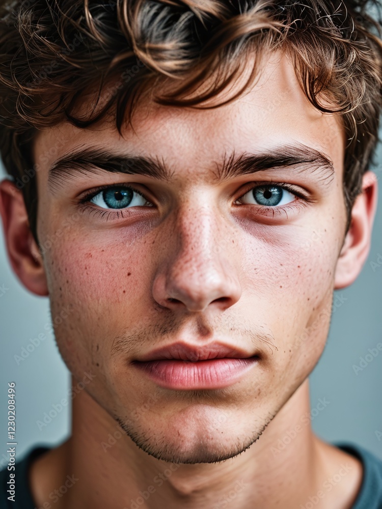 Obraz premium A close-up portrait of a young man with curly hair and blue eyes and looking directly at the viewer