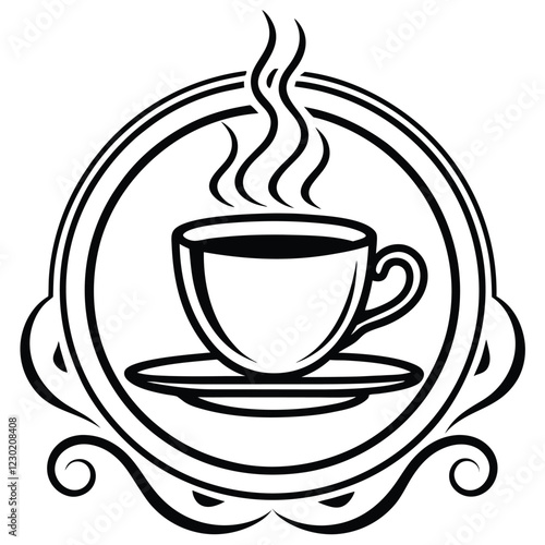 A minimalist coffee shop logo in vector line art, featuring a steaming coffee cup with elegant typography to convey warmth and sophistication.