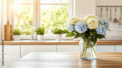 Wallpaper Mural Sunlight streams through a large window in a bright kitchen, illuminating a clear vase filled with white and blue hydrangeas on a light wooden table, with a lush garden view outside Torontodigital.ca