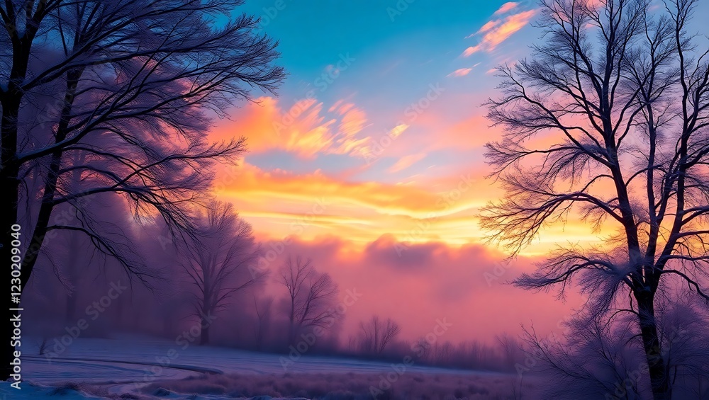 Fototapeta premium Serene Winter Sunrise with Trees - Tranquil Landscape for Wallpaper