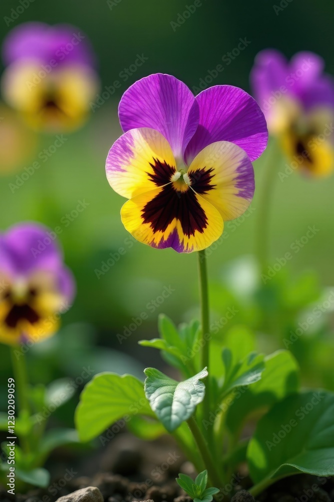 Flower pansy viola wittrockiana growing in a garden with tall grasses, violas, , gardening Flower pansy viola wittrockiana growing in a garden with tall grasses, violas, , gardening