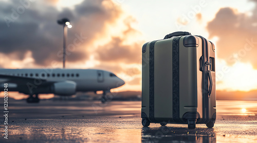 A weatherresistant suitcase with a rugged design placed outdoors near an airport shuttle side view designed for adventure travel advanced tone tetradic color scheme photo