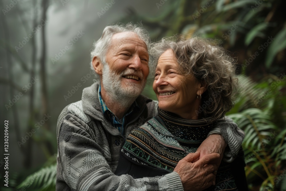 Portrait of a jovial caucasian couple in their 50s showing off a thermal merino wool top in front of backdrop of a mystical forest Portrait of a jovial caucasian couple in their 50s showing off a thermal merino wool top in front of backdrop of a mystical forest