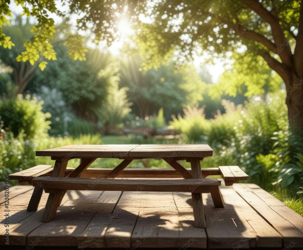 Rustic wood picnic table in garden with bokeh background and sunlight, outdoor, bokeh Rustic wood picnic table in garden with bokeh background and sunlight, outdoor, bokeh