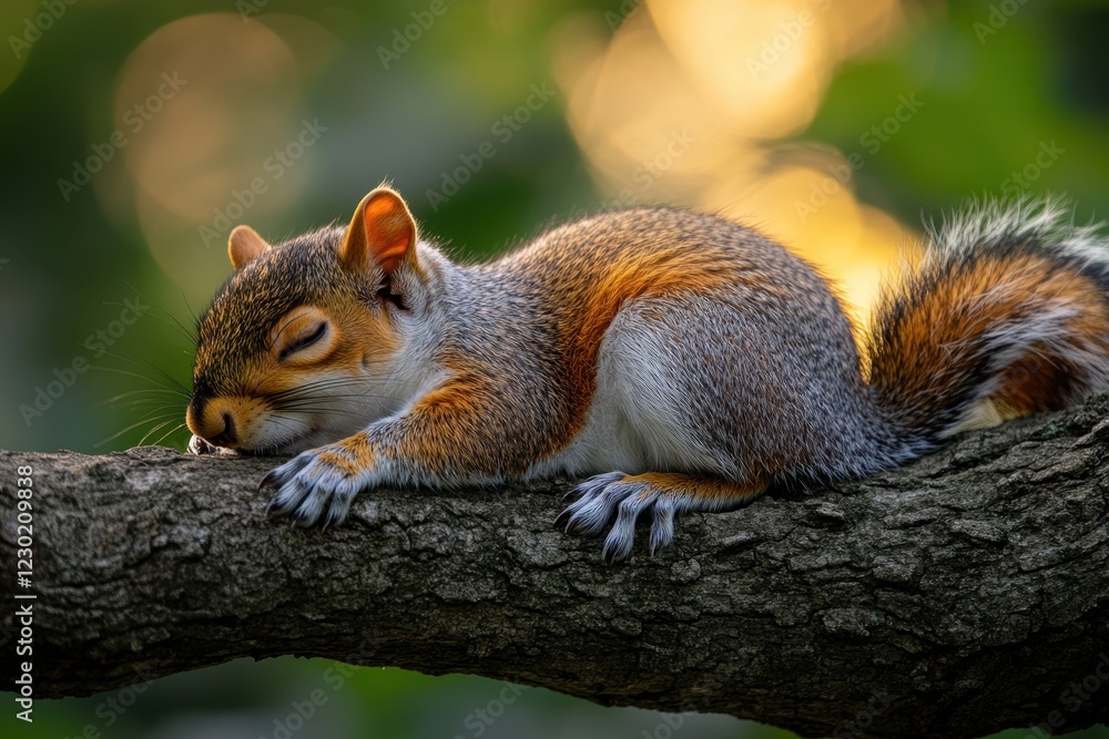 Fototapeta premium Sleeping squirrel resting on a tree branch during a warm sunset in a peaceful forest setting
