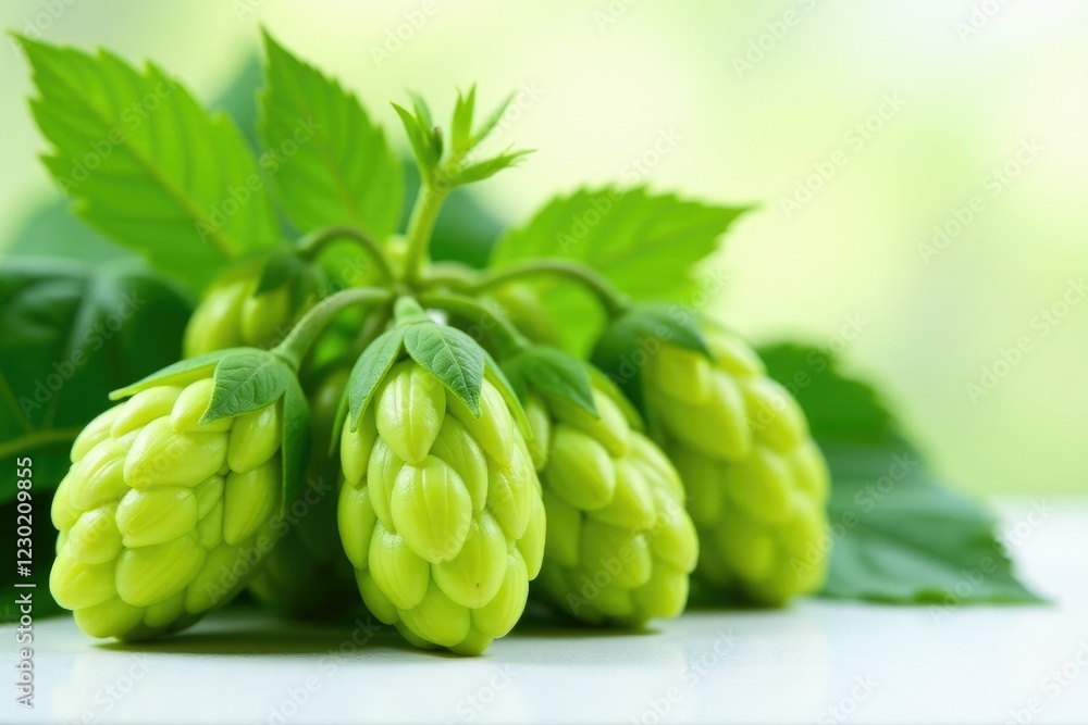 Fototapeta premium Fresh green hop flowers in clusters on white surface, garden, organic
