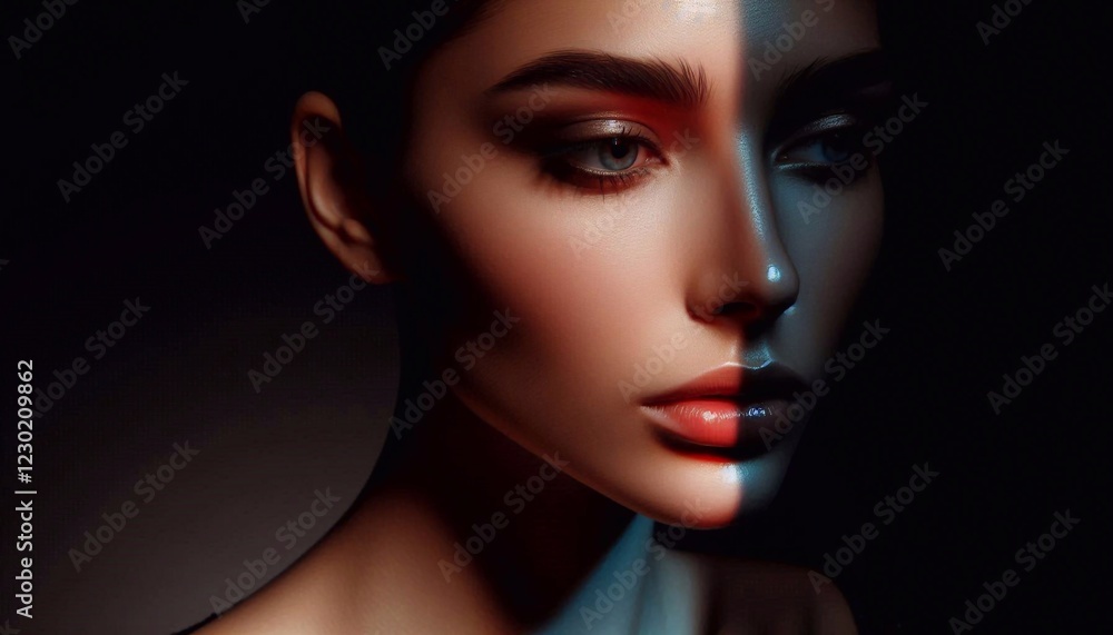 Duality of light and dark. Conceptual studio portrait of a woman with a half-shadowed face. Beauty and makeup Duality of light and dark. Conceptual studio portrait of a woman with a half-shadowed face. Beauty and makeup