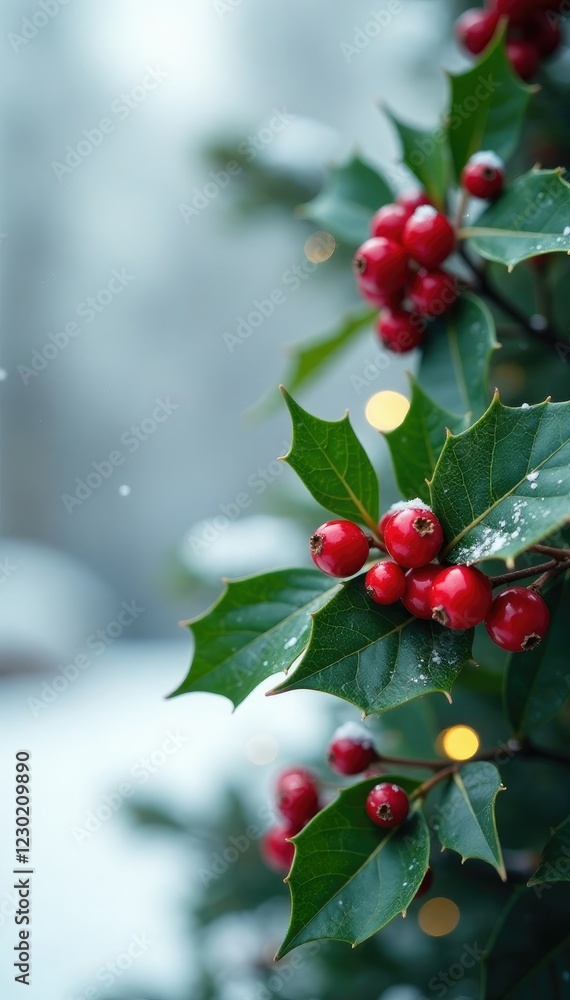 Obraz premium Fresh holly berries against snowy white backdrop, ornament, festive, winter