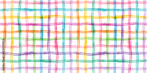 Cute colorful vector hand drawn summer plaid check seamless vector pattern with thick wavy crossing lines, grunge painted brush grid background