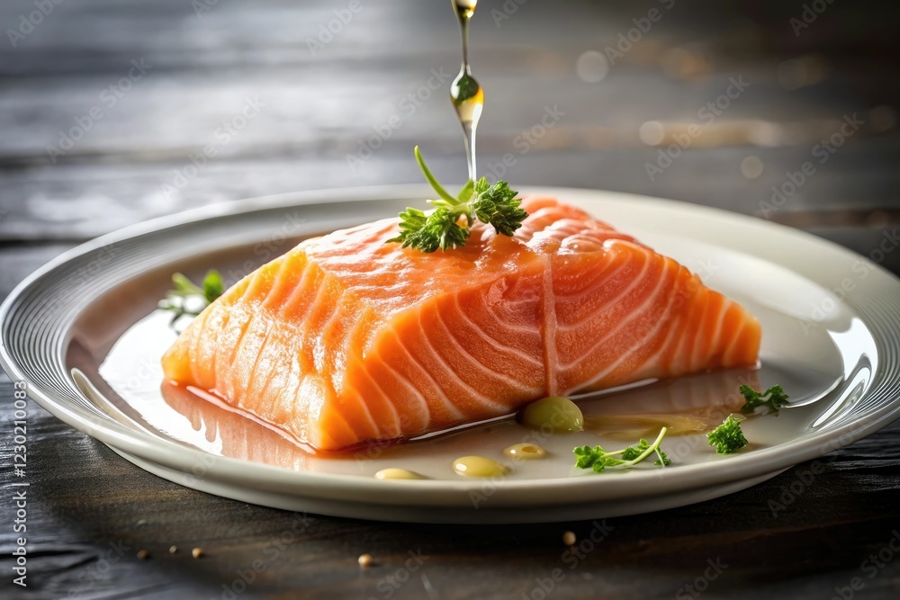 Salmon fillet on a plate with a small pool of dripping liquid, raw fish, salmon, dinner, meat, food Salmon fillet on a plate with a small pool of dripping liquid, raw fish, salmon, dinner, meat, food