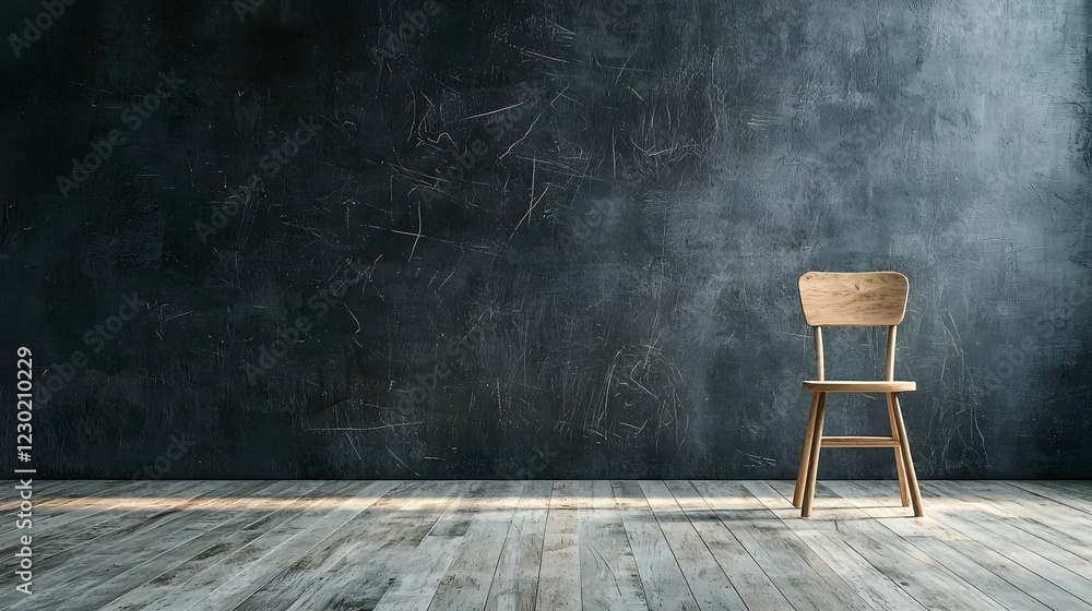 Weathered wooden chair positioned alone against a worn textured chalkboard in an abandoned empty classroom interior with minimalist industrial design elements Weathered wooden chair positioned alone against a worn textured chalkboard in an abandoned empty classroom interior with minimalist industrial design elements