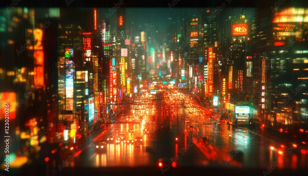 Obraz premium Rainy night in a futuristic city with vibrant neon lights and blurred traffic.