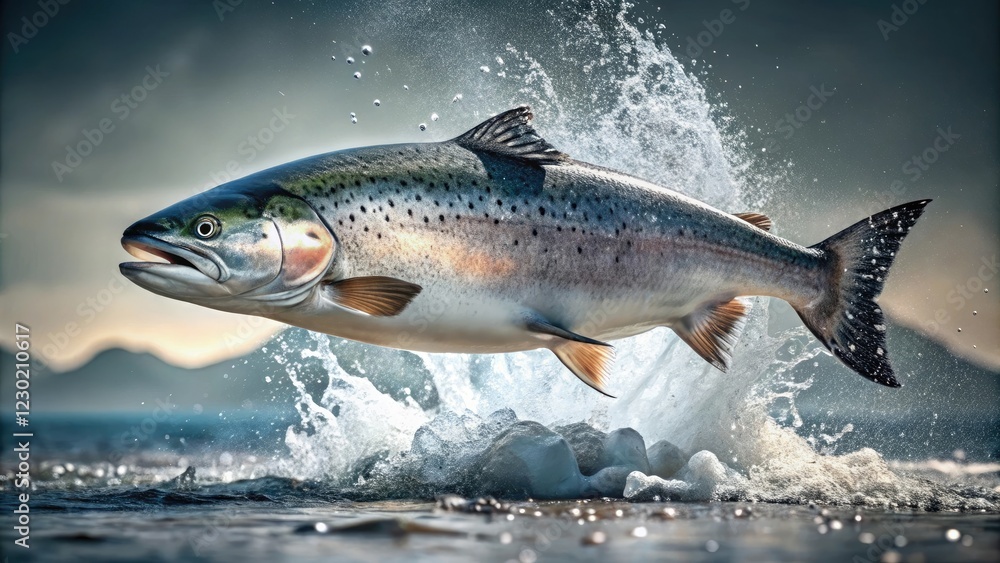 Salty seawater splashes on a freshly caught salmon, scales, ocean environment, ocean, wet, aquatic Salty seawater splashes on a freshly caught salmon, scales, ocean environment, ocean, wet, aquatic