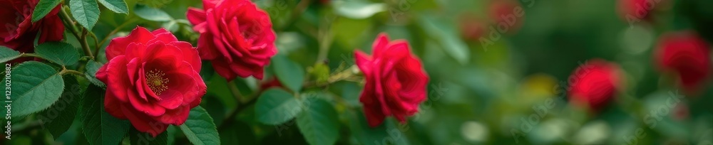 Green leafy branches supporting clusters of bright red garden roses, garden flowers, foliage Green leafy branches supporting clusters of bright red garden roses, garden flowers, foliage