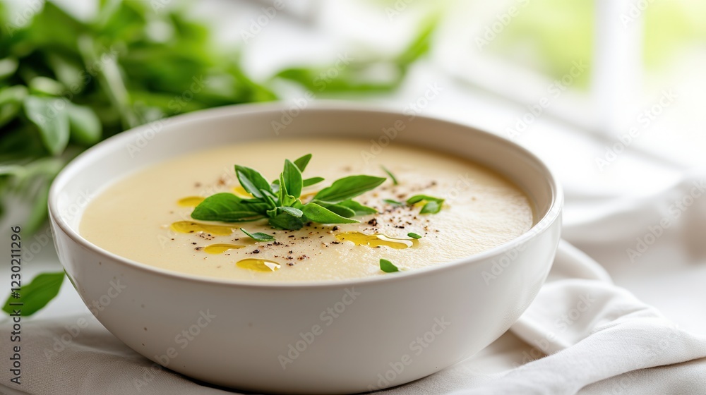 Creamy potato soup with fresh basil garnish in elegant white bowl. Creamy potato soup with fresh basil garnish in elegant white bowl.