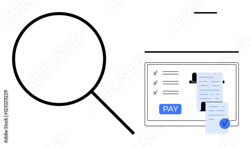 Magnifying glass beside a screen displaying an online payment system with checkmarks and receipts. Ideal for financial technology, online transactions, digital receipts, internet security