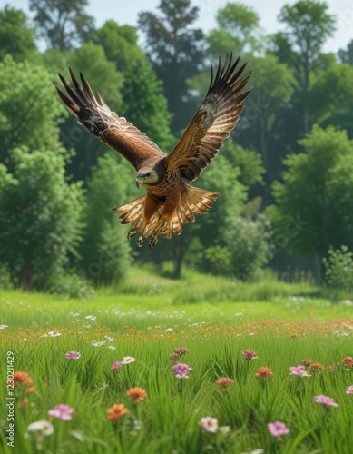 Hawk gliding over a green grass field with trees and flowers below, hawk in flight, tree branches, wildlife photography photo