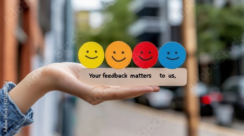 A hand holds a sign with colorful smiley faces and the text 