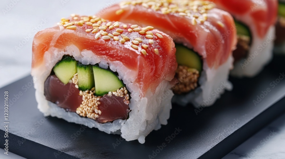 A minimalist sushi roll with cucumber, avocado, and fresh tuna A minimalist sushi roll with cucumber, avocado, and fresh tuna