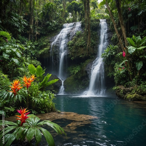 Tropical Rainforest Waterfall – A roaring waterfall cascading into a jungle pool, surrounded by vibrant green foliage and exotic flowers.