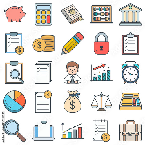 Accounting icons set, Included icons as Calculator, Pie Chart, Document, Briefcase and more symbols collection, logo isolated vector illustration