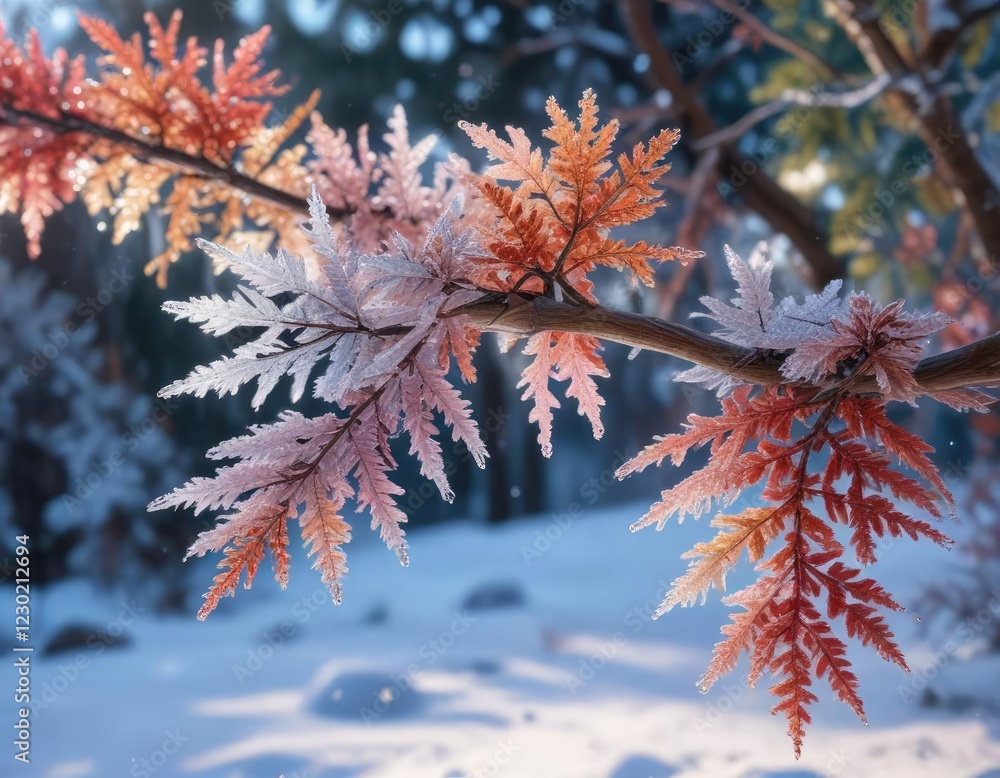 Shimmering ice crystals on a colorful tree branch, wintry, evergreen, festive Shimmering ice crystals on a colorful tree branch, wintry, evergreen, festive
