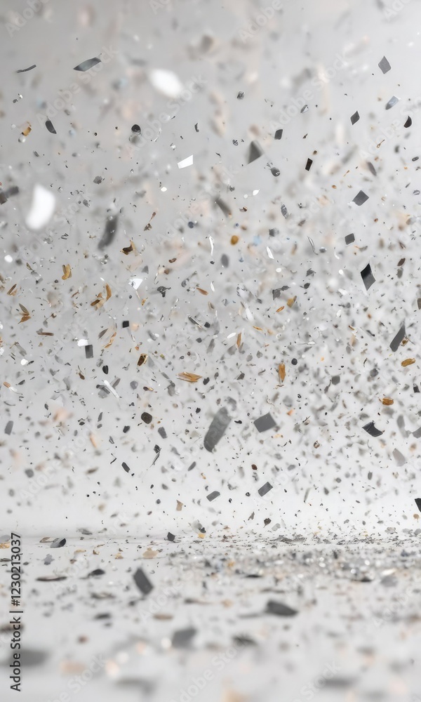 Silver confetti falling in mid-air against a white background, festive, celebration Silver confetti falling in mid-air against a white background, festive, celebration